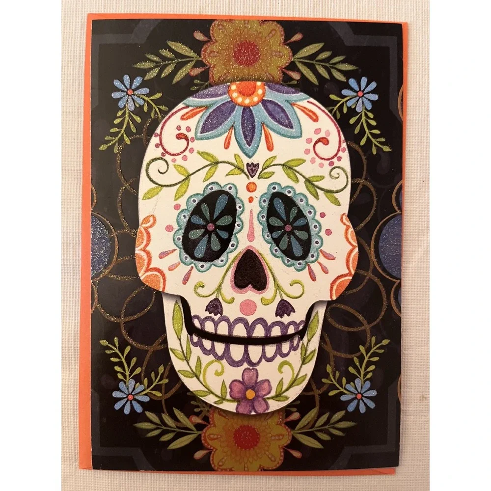 Halloween Greeting Card Set of 3 Glitter Sugar Skull Humor Trick or Treat Mice